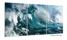 Quadro Decorativo Onda Mar Azul 120x60 3 peças sala quarto