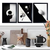Quadro decorativo painel 3 peças mesa de café preto e branco cozinha casa decoração - Ana Decor