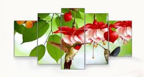 Quadro decorativo paisagem beija - flor  flores vermelha 5 peças - Leron