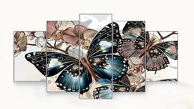 Quadro decorativo paisagem borboleta flores sala 5 peças - Leron