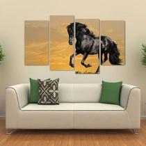 Quadro Decorativo Paisagem Cavalo Preto Sala Tecido 4 Peças