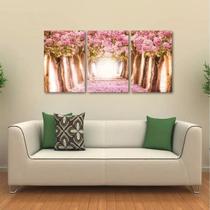 Quadro Decorativo Paisagem Flores Rosas Em Tecido 3 Peças 1R