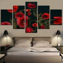 quadro decorativo paisagem flores vermelha fundo preto sala 5 peças - Leron