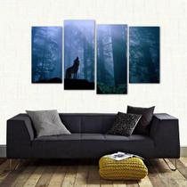 Quadro Decorativo Paisagem Lobo Uivando Sala Tecido 4 Peças