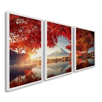 Quadro Decorativo Paisagem Montanhas e Flores Vermelhas com 3 Telas de Parede para Sala Quarto Escri Branco