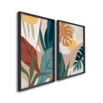 Quadro Decorativo Paisagem Tropical Plantas e Folhas com 2 Telas de Parede para Sala Quarto Escritór Com Vidro