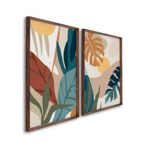 Quadro Decorativo Paisagem Tropical Plantas e Folhas com 2 Telas de Parede para Sala Quarto Escritór Tabaco