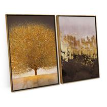 Quadro Decorativo Para Sala Abstrato Árvore da Vida Dourado C/ Moldura Kit 2 Telas Moderna - Bimper