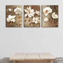 quadro decorativo para sala flores branca fundo marrom 3 peças - Leron