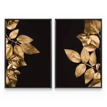 Quadro Decorativo Para Sala Folhas Douradas Golden Leaves Moderno Kit 2 Telas - Bimper