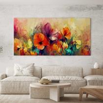 Quadro Decorativo para Sala Quarto Hall Abstrato Flores Coloridas Horizontal Grande Decoração Parede Tela
