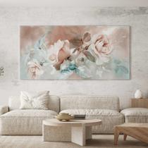 Quadro Decorativo para Sala Quarto Hall Arte Floral Rosa e Azul Abstrato Horizontal Grande Decoração Parede Tela