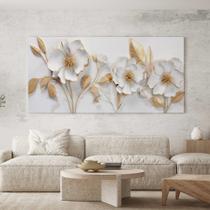 Quadro Decorativo para Sala Quarto Hall Floral Branca e Dourada Floral Horizontal Grande Decoração Parede Tela Tamanho:1