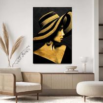 Quadro Decorativo Para Sala Quarto Hall Mulher arte Chapeu Dourado Preto