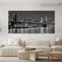 Quadro Decorativo para Sala Quarto Hall Ponte Manhatan NY Paisagem Preto e Branco Cidade Horizontal Grande Decoração Parede Tela