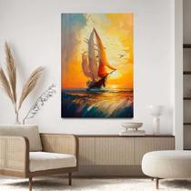 Quadro Decorativo Para Sala Quarto Hall Tela vertical Grande Barco Por do Sol Pintura