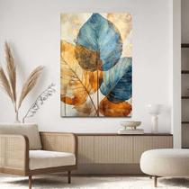 Quadro Decorativo Para Sala Quarto Hall Tela vertical Grande Folhas Clean Azul Dourado