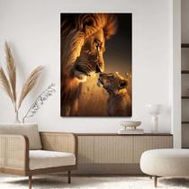 Quadro Decorativo Para Sala Quarto Hall Tela vertical Grande Leão Pai com Filhote