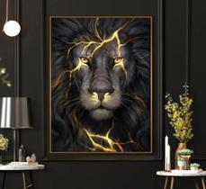 quadro decorativo parede 1 peça 60 x 40 Leão negro traços dourados