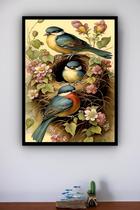 Quadro Decorativo Pássaros Ninho Trio Flores - 70X50Cm