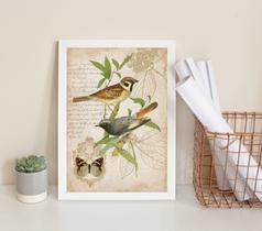 Quadro Decorativo Pássaros Vintage - Botânica 33x24cm - com vidro