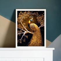 Quadro Decorativo Pavão Ouro 33x24cm c/ Vidro e Moldura Preta
