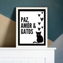 Quadro Decorativo Paz Amor E Gatos 33X24 Com Vidro - Preta