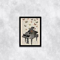 Quadro Decorativo Piano com Borboletas 33x24cm - com vidro