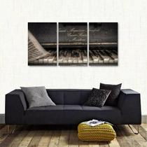 Quadro Decorativo Piano Retrô Vintage Música Tecido 3 Peças