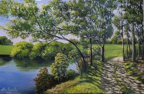 Quadro decorativo pintado à mão Caminho Tranquilo ao Entardecer