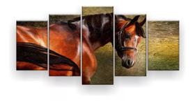 Quadro Decorativo Pintura Cavalo Marrom P. 129x61 Kit 5 Pcs