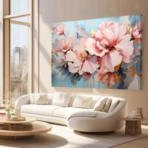 Quadro Decorativo Pintura Flores Rosas E Dourado Home Luxo Tecido Canvas