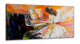 Quadro Decorativo Pintura Mulher Tocando Piano em Tecido Canvas 130x60