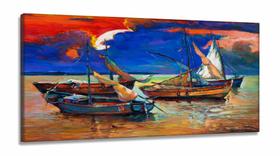 Quadro Decorativo Pintura Quatro Barcos De Vela em Tecido Canvas 130x60