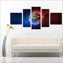 Quadro Decorativo Planetas Universo Terra Lua Galáxias Estrelas Espaço Sol 5 Peças TT1