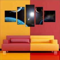 Quadro Decorativo Planetas Universo Terra Lua Galáxias Estrelas Espaço Sol 5 Peças TT15