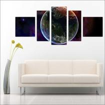Quadro Decorativo Planetas Universo Terra Lua Galáxias Estrelas Espaço Sol 5 Peças TT4