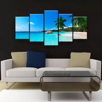 Quadro Decorativo Praia Azul Coqueiros 5pc 129x61 Sala