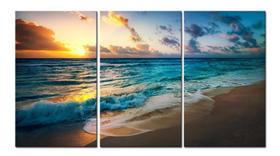 Quadro Decorativo Praia Por Do Sol Para Sala Quarto 3 Peças