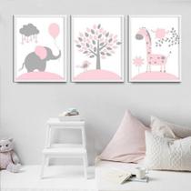 Quadro Decorativo Quarto Bebê Safari Rosa Cinza Menina Kit 3 peças Decoração Mosaico