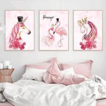 Quadro Decorativo Quarto Menina Unicornio Flamingo Rosa Kit 3 peças Decoração Mosaico