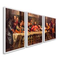 Quadro Decorativo Religioso a Santa Ceia com 3 Telas para Sala Quarto Igreja 60cm X 90cm Com Vidro