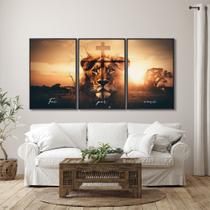 Quadro Decorativo Religioso Foi por Você Cruz e Leão com 3 Telas 50x75 e 60x90 de Parede para Escritório Banheiro Hall