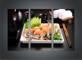 Quadro Decorativo Restaurante Oriental Sushi Gourmet Com 3 peças Com Moldura