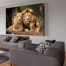 Quadro Decorativo Retrato Leão e Sua Família com dois filhotes