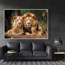 Quadro Decorativo Retrato Leão e Sua Família com dois filhotes