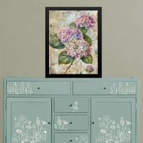 Quadro Decorativo Retrô - Hortências 33X24Cm - Com Vidro