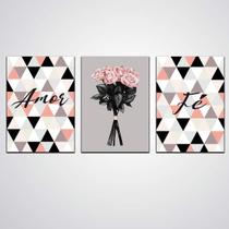 Quadro Decorativo Rosa Amor E Fé Feito Em Madeira