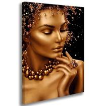 Quadro Decorativo Rosto Mulher Dourado Tela Grande 60x85cm Sala Quarto Salão Estetica Beleza