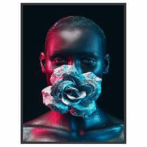 Quadro Decorativo Rosto Mulher Flor Azul 90x60 para Sala